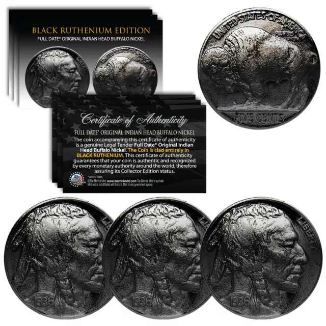 Lot of 3 Various Full Date BUFFALO NICKELS Coins - BLACK RUTHENIUM Indian Head