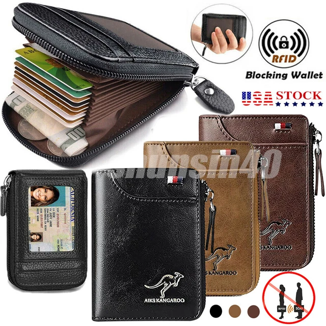 New Mens RFID Blocking Bifold Leather Wallet ID Credit Card Holder Zipper Wallet