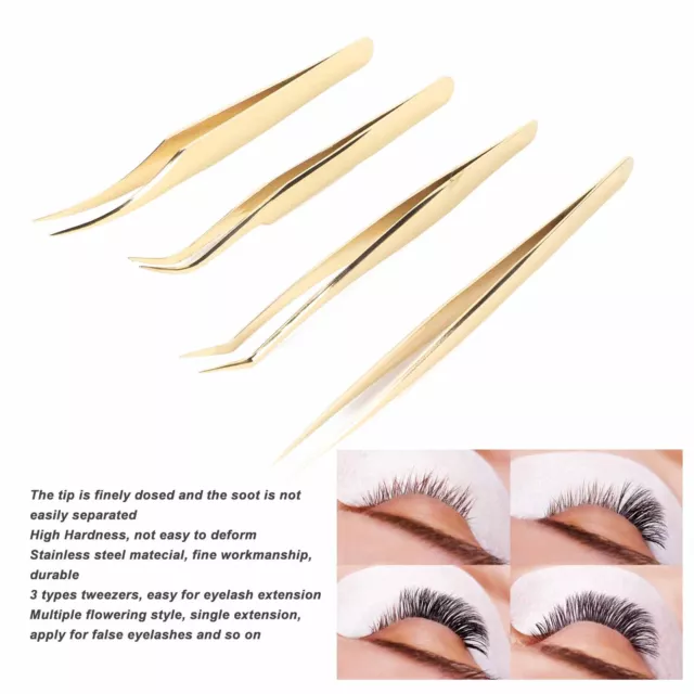 (Gold Metal)Eyelash Extension Tweezers Set Professional Stainless Steel IDS