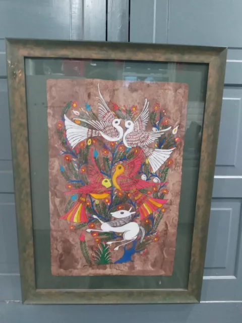 VTG Mexican Folk Art Bark Painting Birds, Tree, Flowers, Lama