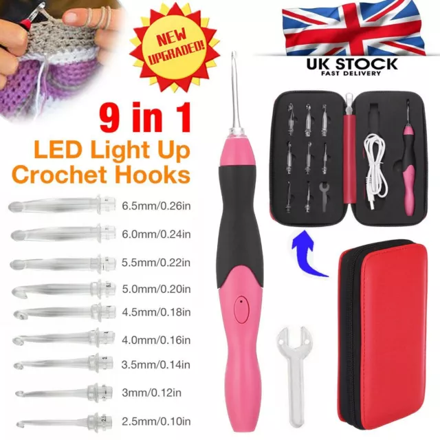 9-in-1 Hooks Light Up Tool Kit Weave Set Knitting LED Needles Crochet USB UK