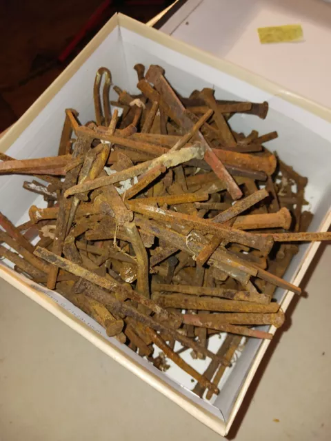 Vintage Rusty nails, spikes, rustic, primitive, box full,barn,steel,square  cut