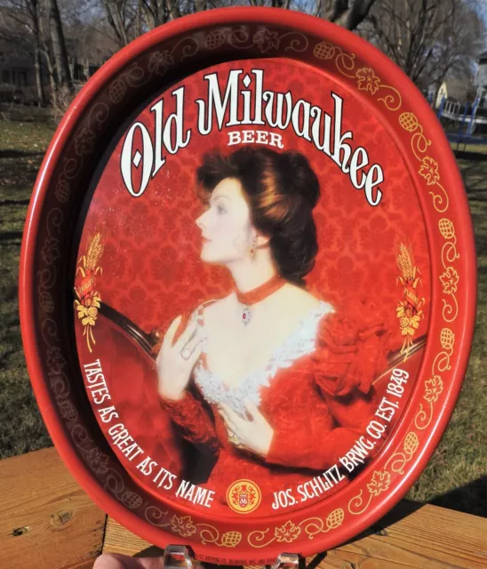 Old Milwaukee Beer Metal Serving Bar Tray w/ Lovely Lady in Red NIFTY