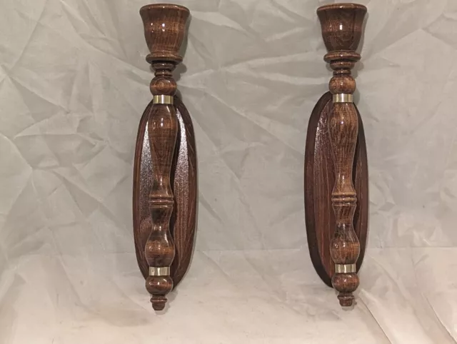 Vintage Pair of  Wood Wall Sconce Candle Holders with Metal Bands