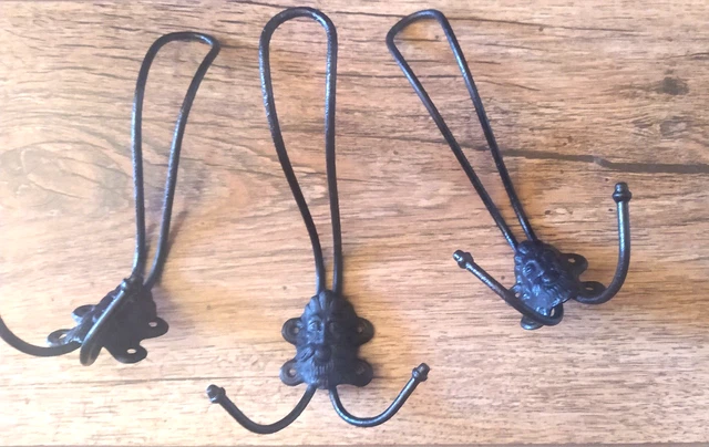 3pc Lot Old Primitive Cast Iron Hangers Coat Hat Hooks, Vintage Iron Towel Hooks