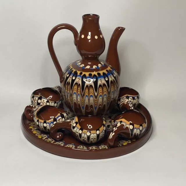 Vintage Pottery Pitcher Six Cups and Plate Made in Bulgaria Drip Glaze 1960/70s