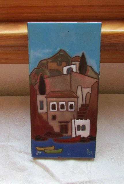 Vintage Greece Greek Art Glazed Clay Tile Wall Décor Signed BJ ~ Unframed