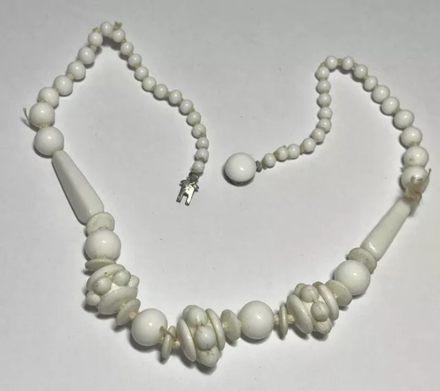 Vintage Opaque White Milk Glass Beaded Necklace Elongated Bubble Unique Disk Vintage Opaque White Milk Glass Beaded Necklace Elongated Bubble Unique Disk
