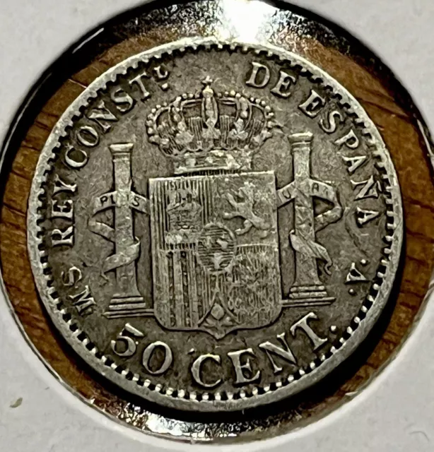 2 Rare Silver Coins, 1961 Panama Un Decimo De Balboa, Spain 1904 Silver 50C AU