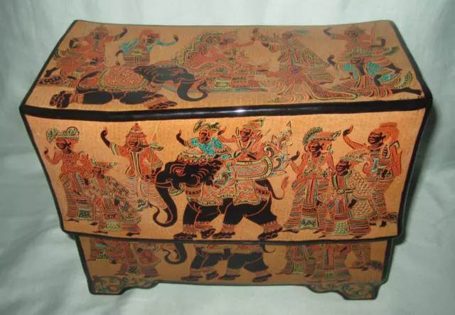 Burmese black lacquer lacquerware covered decorative box w elephants & horses