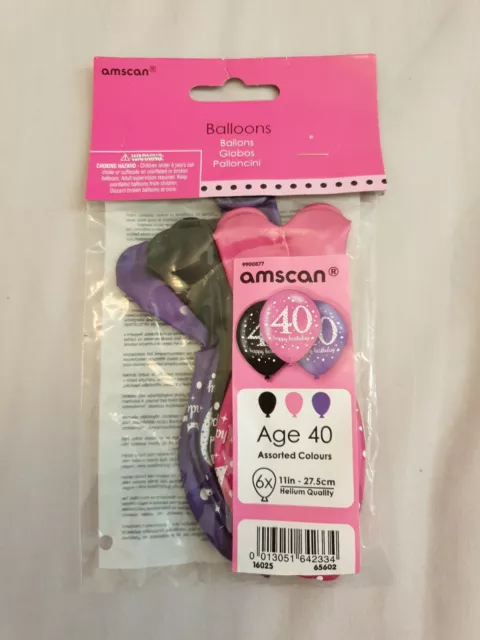 amscan All Round Printed Age 40, 6 Latex Balloons 27.5cm purple/black/pink