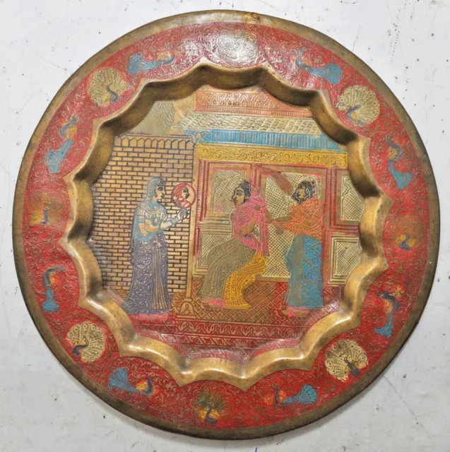 Antik Messing Rund Dekorativ Platte Original Handgefertigt Gravur Einlage Farbe