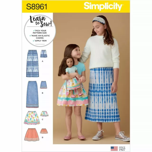 SIMPLICITY Easy Sewing Patterns 8961 LEARN TO SEW Girl Child Dolls Skirt 3-4-5-6