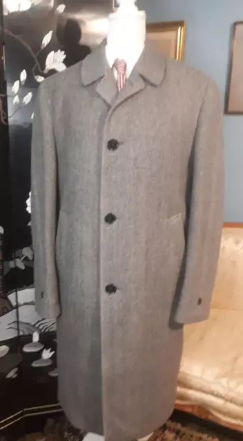 VTG 1960s 60s Tweed Overcoat Herringbone Gray Wool Men's Size 42 Tall  Hess's