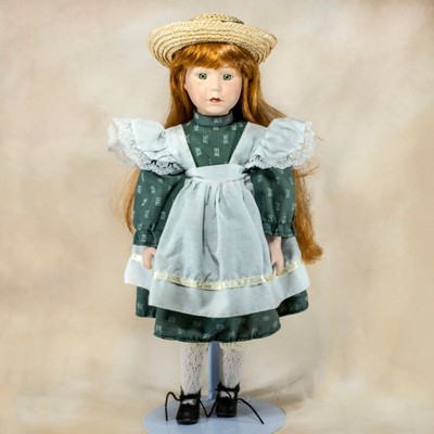 Collector's Porcelain Girl Doll 16" Long Red Hair Green Eyes Freckles Straw Hat