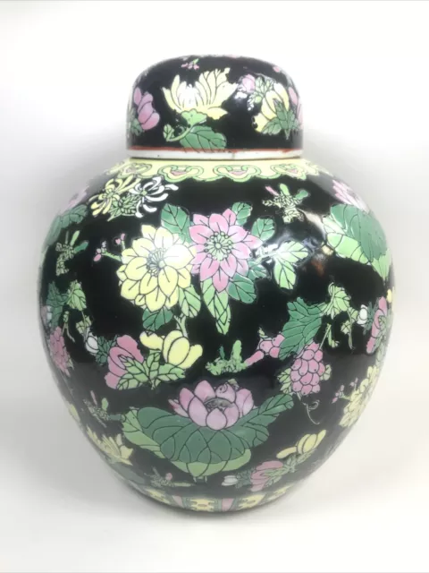 Vintage Large Chinese Ginger Jar With Lid Famille Noire Floral Pattern China