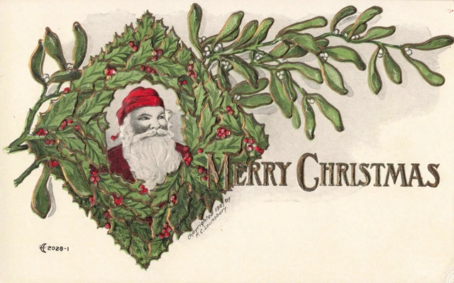 Merry Christmas Embossed Santa Claus in Green Wreath - c1910 Vintage Postcard