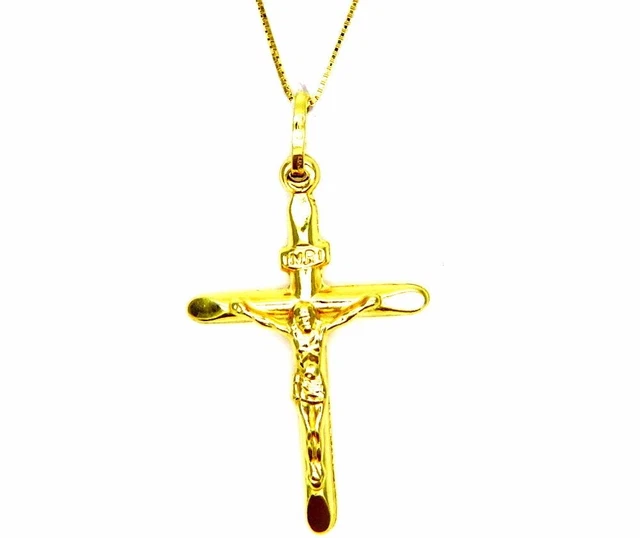 Collier En Or Jaune 18 Carats (750) - Chaîne Vénitienne Avec Croix Arrondie, Longueur 40/45 Cm, Neuf Avec étiquette