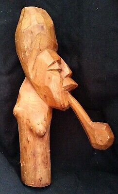 Hand Carved Vintage Wood Man with Pipe Figurine African? Rustic Tribal Art