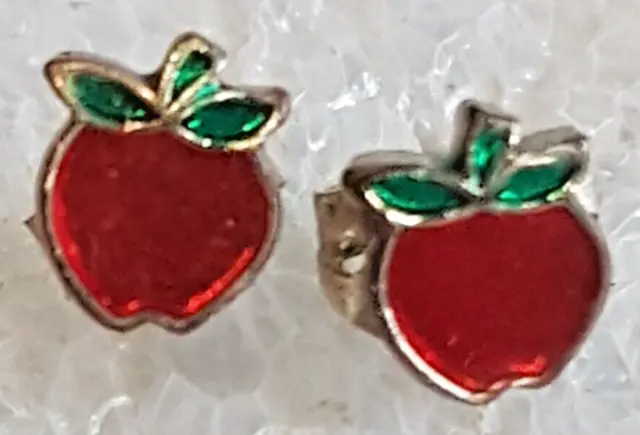 Vintage Costume Fashion Miniature Silver Tone Metal Enamel Apple Stud Earrings