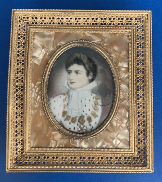 Antique-Young Napoleon-Miniature Painting-Gilt Filigree-Signed-Pearl Celluloid