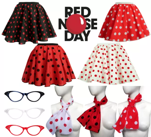 UK GIRLS LADIES RED NOSE DAY COSTUME Polka Dot Skirt FREE SCARF Fancy Dress