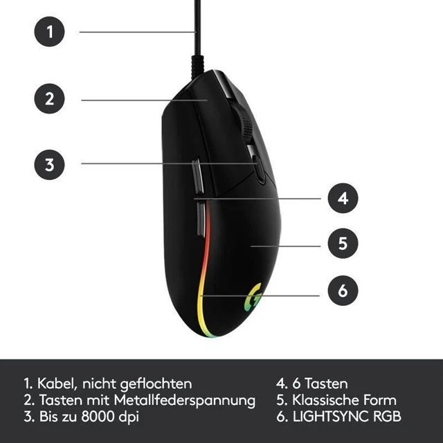 Logitech G203 Lightsync Gaming   USB-Maus,  8000 dpi (Maus)