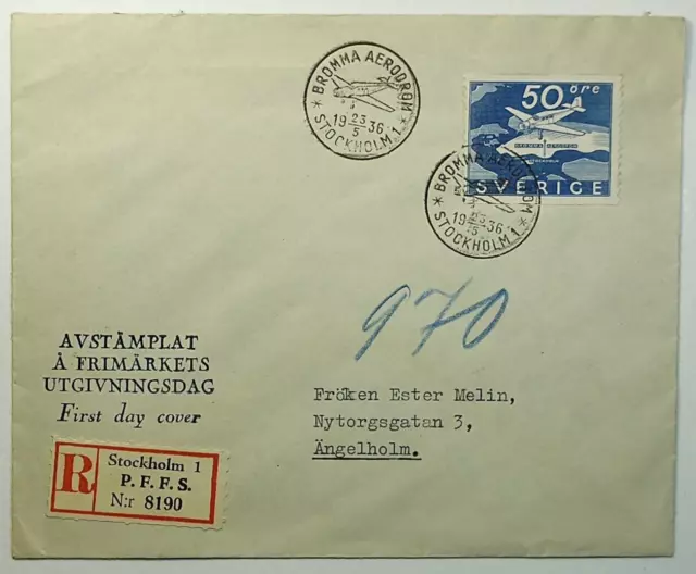 1936 FDC Sweden Bromma Aerodrome Stockholm Registered SC #263 First Day Cover