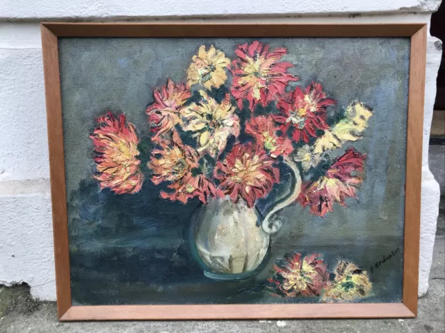 Original Mid Century Impressionist Floral Still Life Oil Board Painting Signed