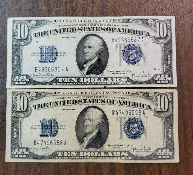 Group of 2 $10 Bills Series 1934-D Silver Certificate