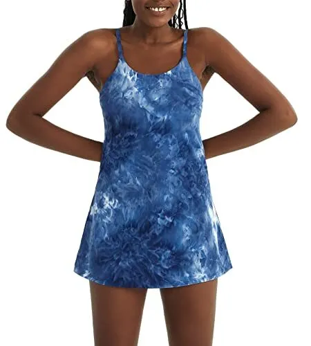 Kuacua Womens Tennis Dress, Workout Golf Dress Built-In With Bra & Shorts  Pocket Sleeveless Athletic Dresses Sky Blue