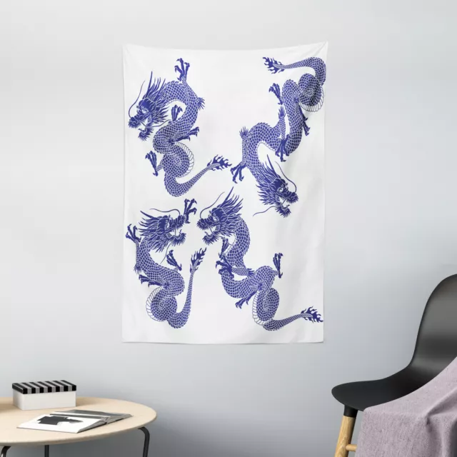 Blue Tapestry Japanese Dragons Mythical Print Wall Hanging Decor