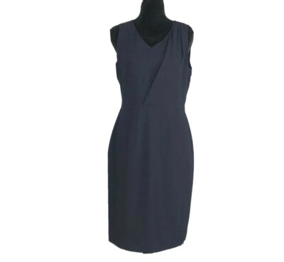 Antonio Melani 6 Dress Navy Blue Sheath V Neck Pleat Shoulder Work Party Basic M
