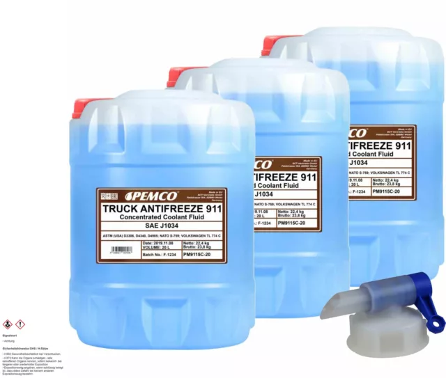 3x PEMCO 20 Liter Truck Antifreeze 911 Kühlerfrostschutz Kühlmittel