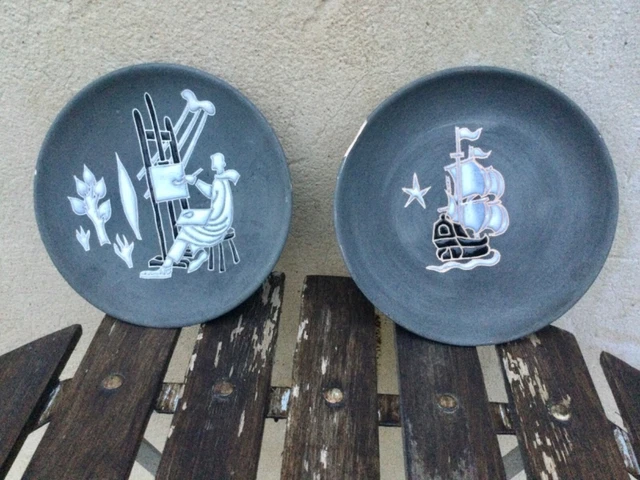 Assiettes Murales X 2 St Cannat 1956 Artiste Céramique Émaillée Ancien Vintage