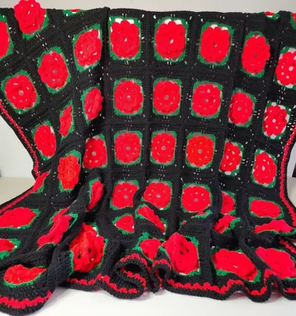 Vintage Handmade Crochet 3D Roses Afghan Blanket Granny Square Cottagecore 60x60