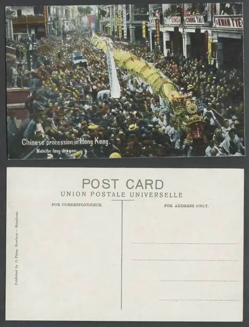 China Hong Kong Old Colour Postcard Chinese Procession Long Dragon, Street Crowd