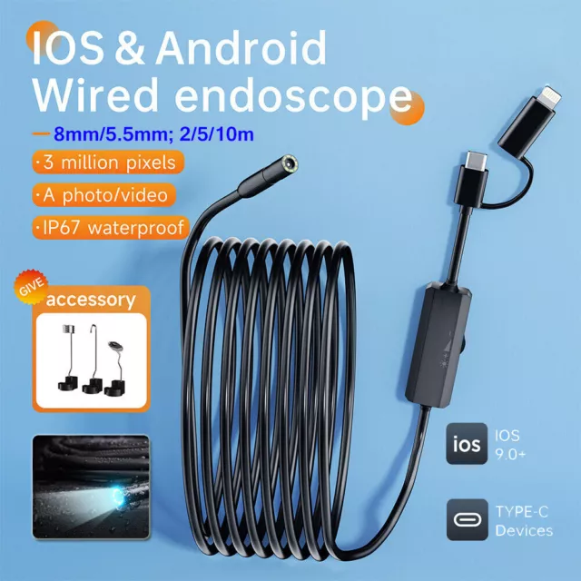 WATERPROOF 1440P 8MM iPhone Endoscope Inspection Snake Scope