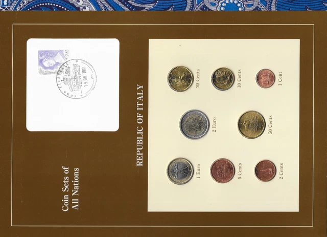 Coin Sets of All Nations Italy w/card 2002 UNC 2,1 EURO 50,20,10,5,2,1 Cents