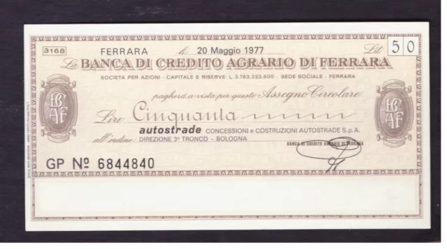 Miniassegno Banca Credito Agrario di Ferrara Autostrade 50 L 20-5-1977