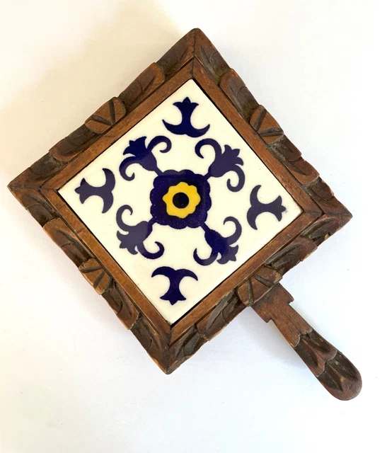 Vintage Mexican Tile Trivet  Carved Wood Frame and Handle 6" Orion Monterrey MX
