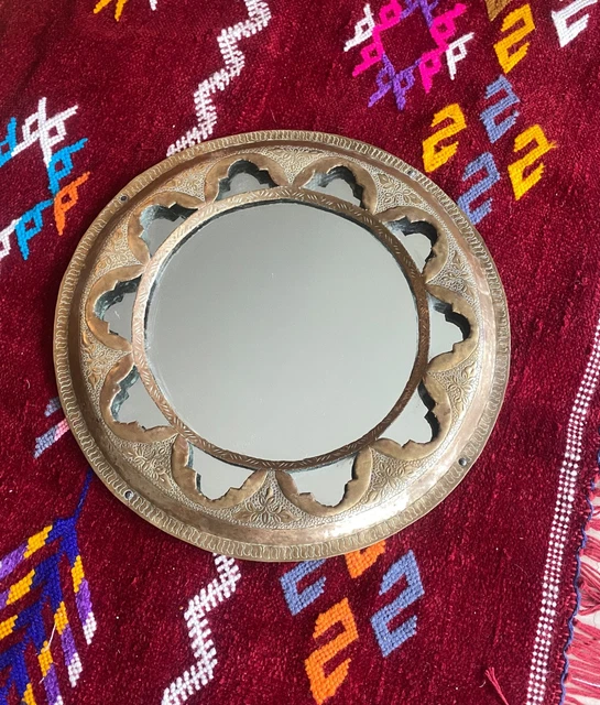Miroir Vintage Marocain En Laiton Et Os De Chameau – Art Populaire Années 40-60