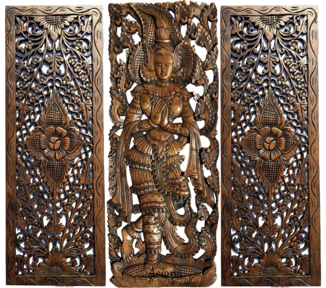 Floral and Sawadee Greeting Carved Wood Wall Art Panel.Asian Home Decor Set of 3