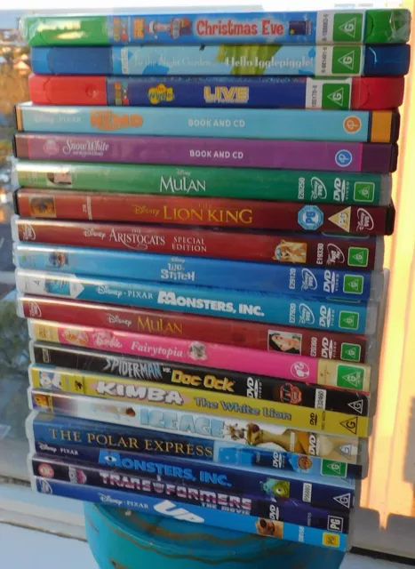 19 DVDs: Postman Pat Christmas Eve, Ice Age, Kimba, Read To Me Book, Mulan etc