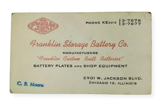 c1940's Franklin Storage Battery Co Business Card Custom Auto Batteries Chicago