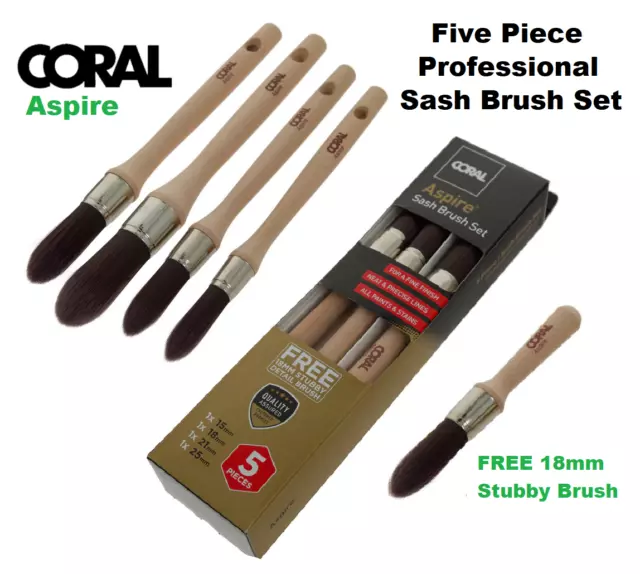 Coral Round Sash Paint Brush Aspire Synthetic Detail Pointed Stubby Set 5 Piece