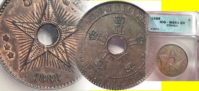 1888 Congo Free State 5 Centime ICG MS63BN - NOT 1888/7 overstrike