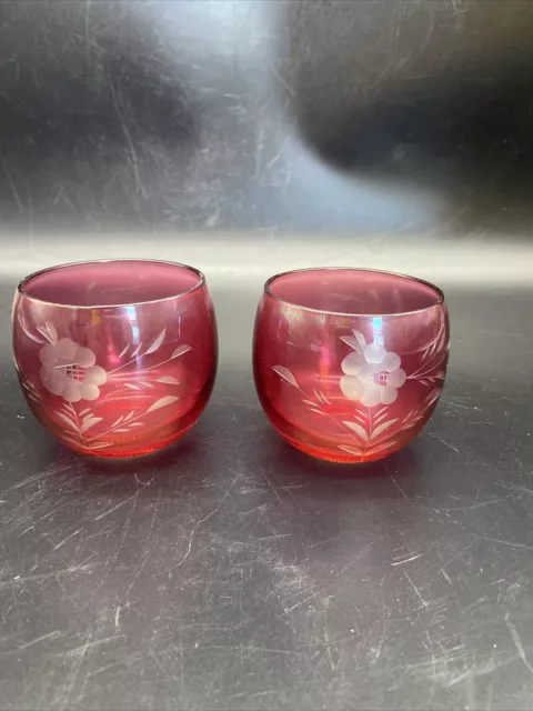 pair of vintage floral etched cranberry rolly polly rocks cocktail glasses