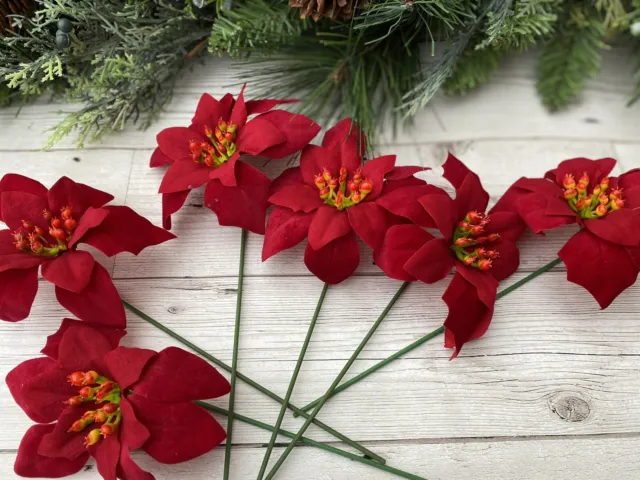 Christmas Red velvet poinsettia 12cm artificial flowers head x12 picks Grave Pot