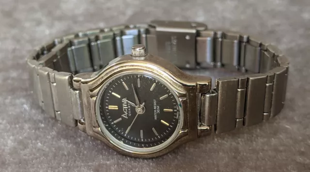 Activa Women's Swiss Movt. Two Tone Quartz Watch Black Dial Good Condition!